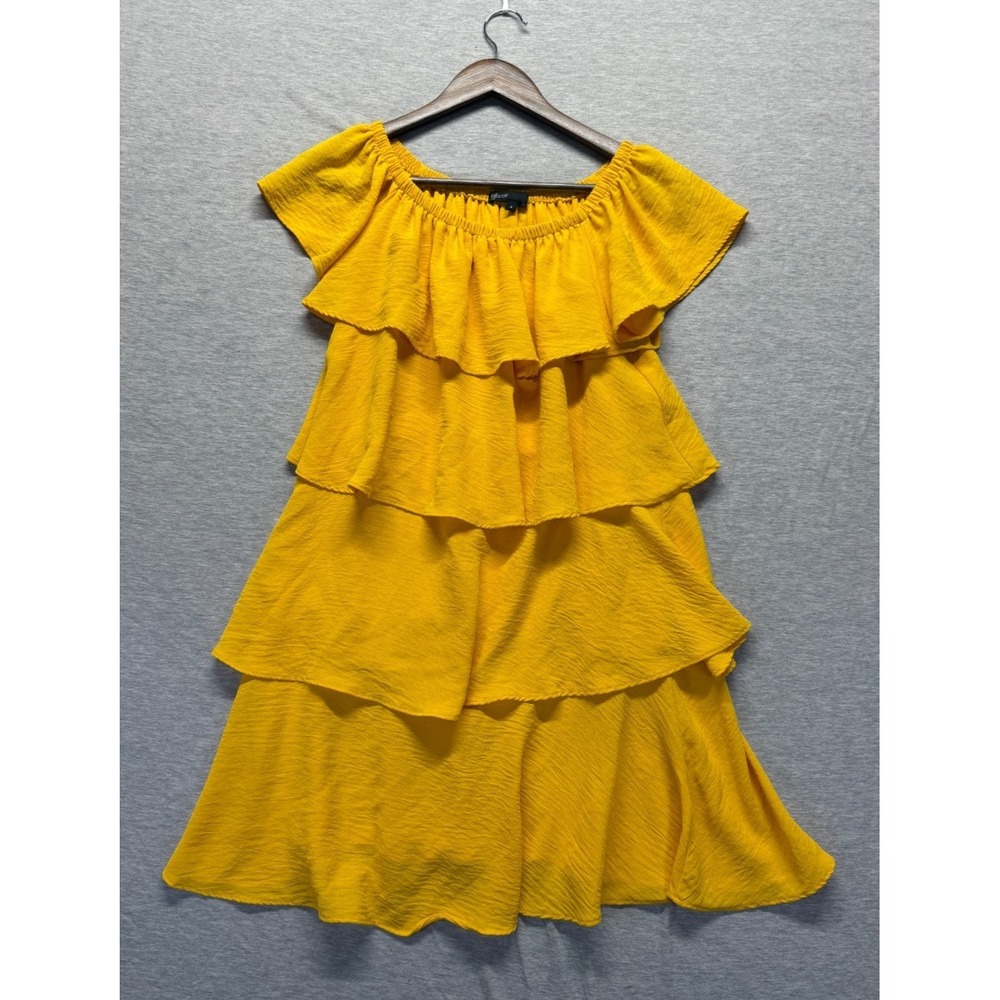 Gibson Mini Dress Womens Small Yellow Off The Shoulder Ruffle Waterfall Tiered